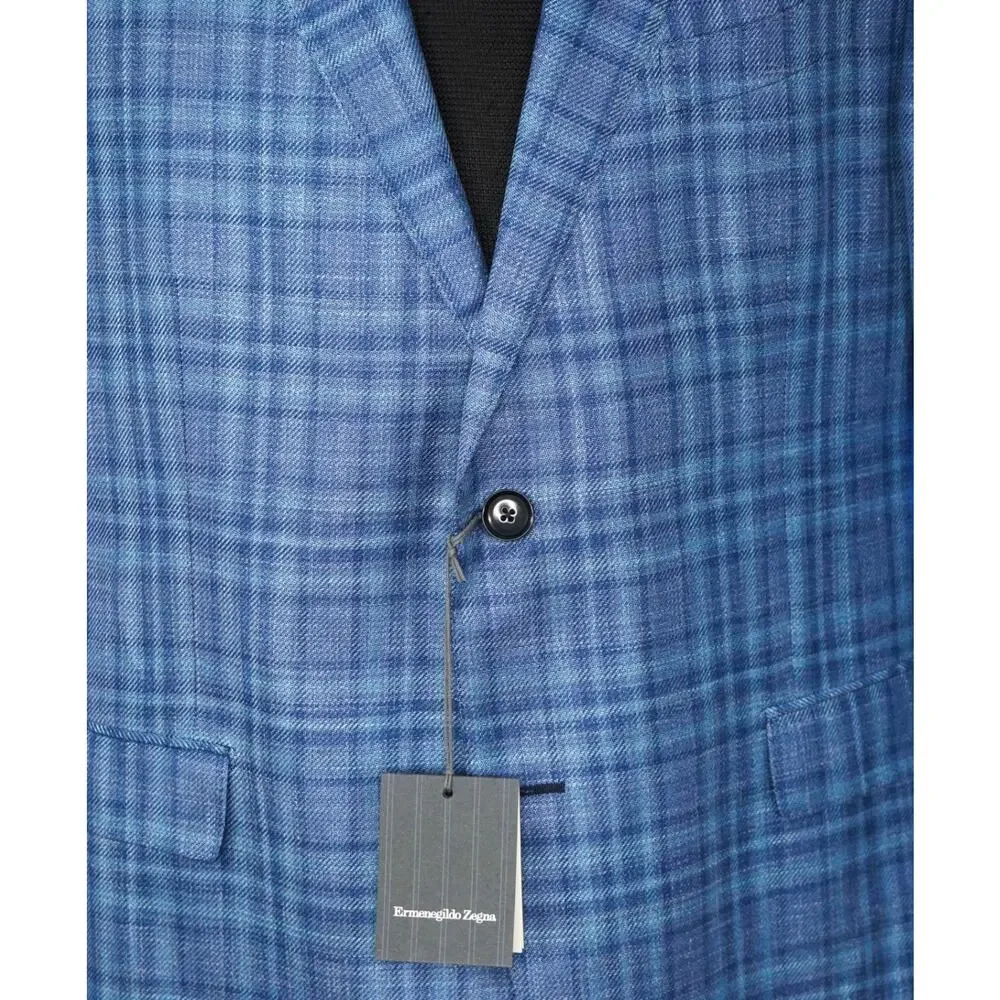 $2,990 ZEGNA - Blue Plaid Wool/Silk/Linen Blazer - 46R
